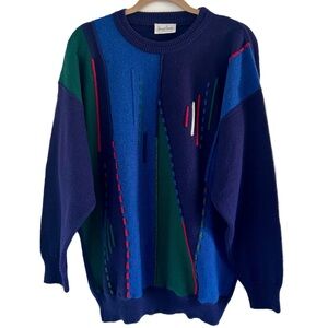 Renato Cavalli Vintage Sweater Blue 80s Colorful Crew Neck EU 54 US 44 Large/XL